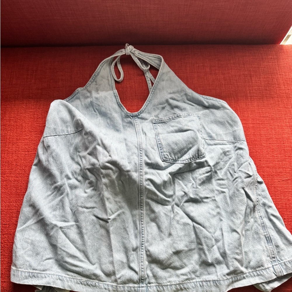 Net halter backless denim top